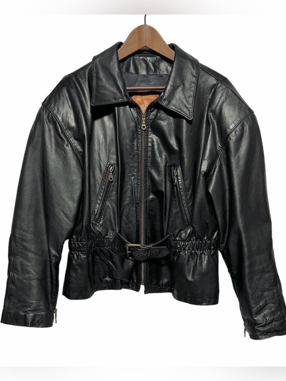 Vintage 90s Black Genuine Leather Cinched Waist Belted Moto Jacket Womens L